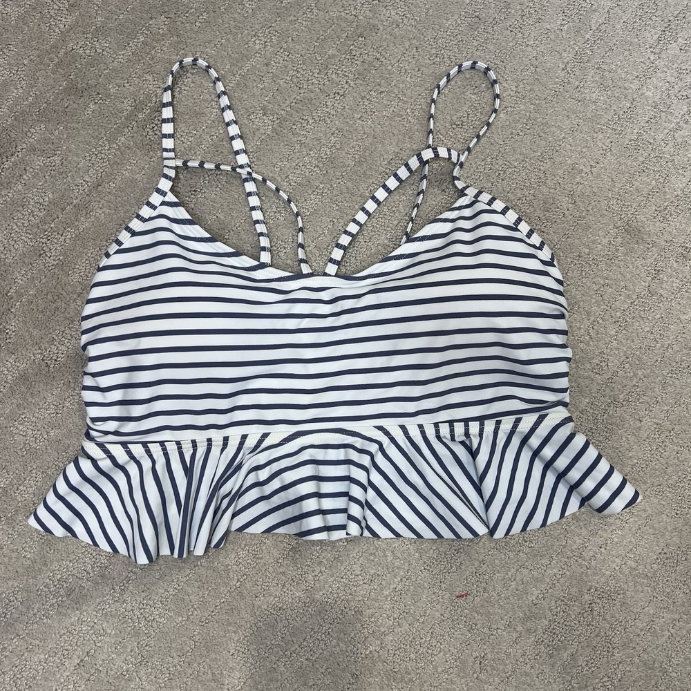 Grey  &‎ White Striped Bralette Peplum Lace Up Bikini Top Swimwear Cocoship NWOT